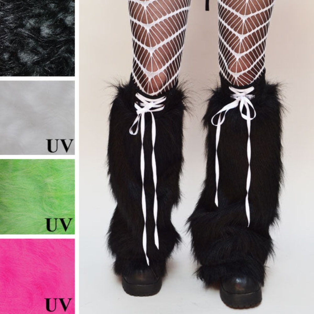 Fur Leg Warmers Black Boot Covers White Corset Legwarmers Halloween Lace Up OS